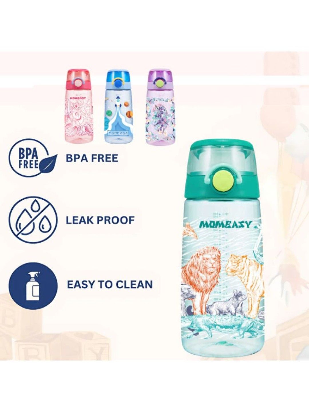 Momeasy Push Button Lid with Lock Drinking Bottle Water (550ml) (Green- Image 2)