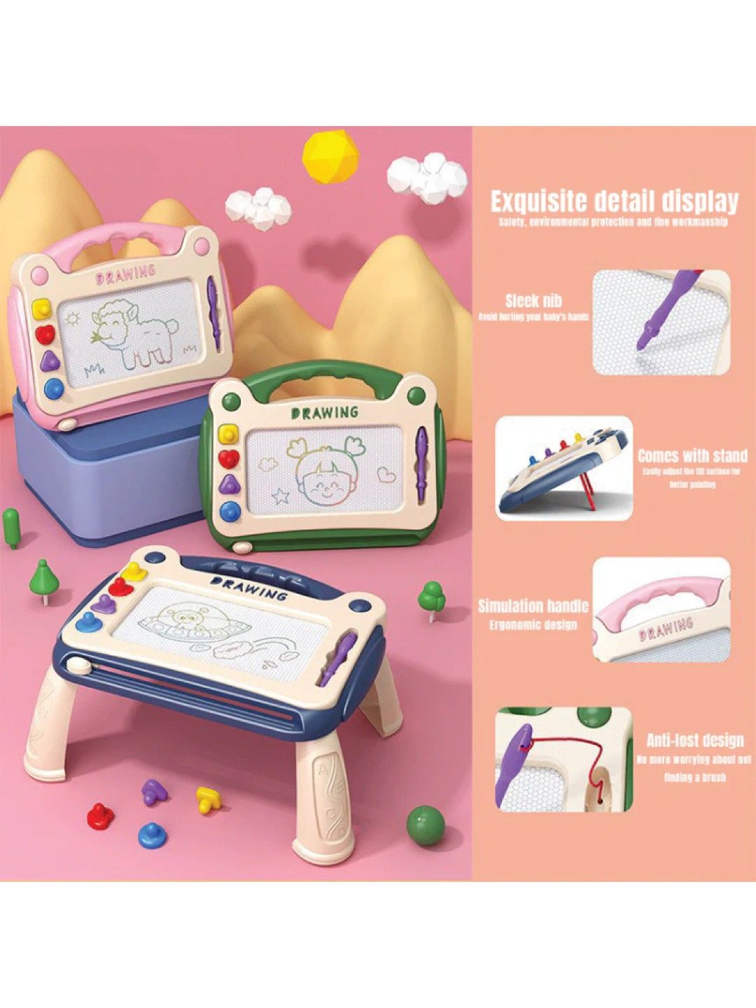 BabyPro Kids Magnetic Drawing Board with Stand Erasable Magnet Sketchpad (Pink- Image 4)