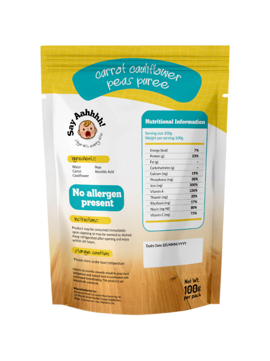 Say Aahhhh Carrot Cauliflower and Peas Puree (100g) (No Color- Image 2)