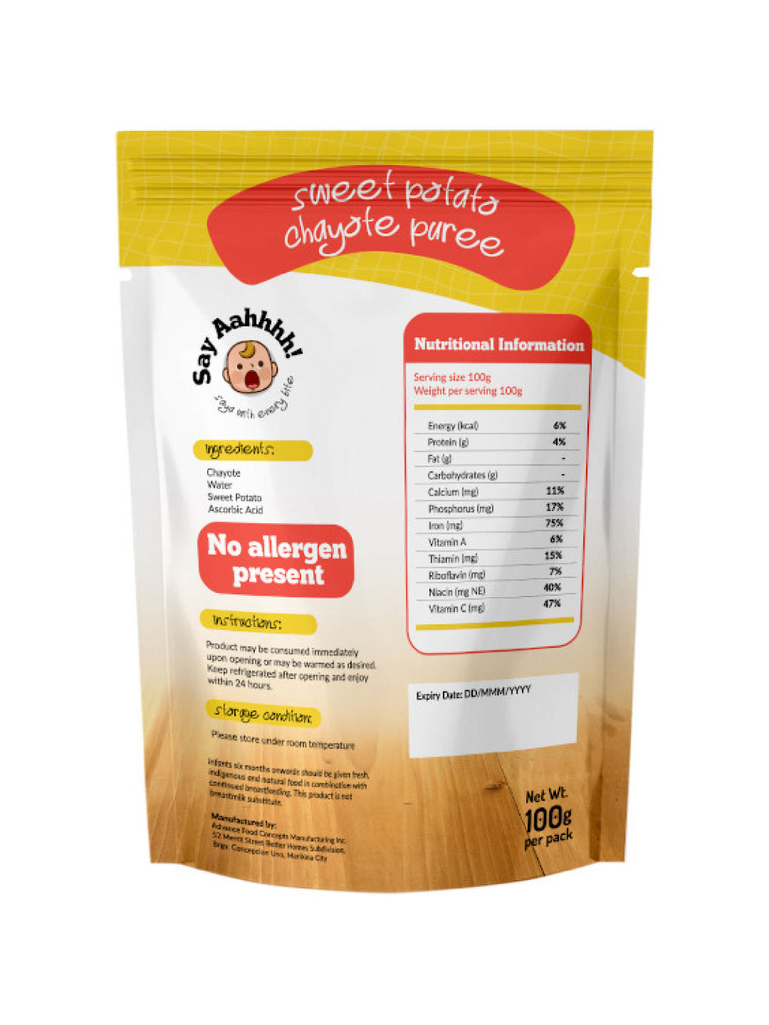 Say Aahhhh Sweet Potato Chayote Puree (100g) (No Color- Image 2)