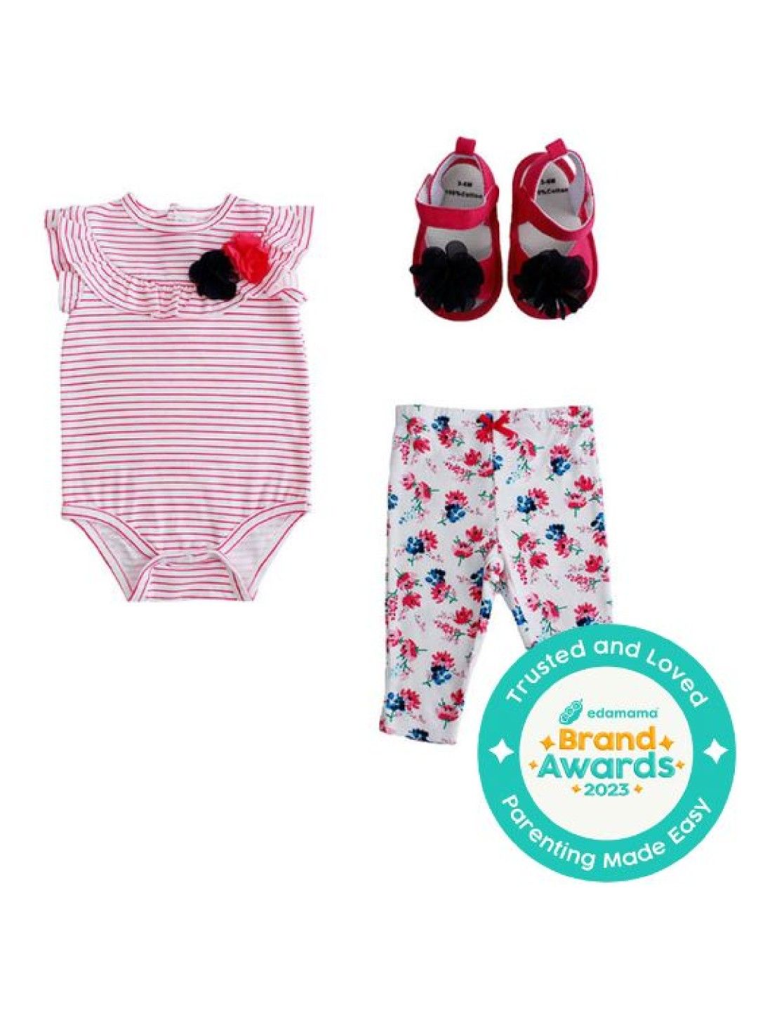 Little Steps 3-Piece Bodysuit, Pants and Shoes Floral (Red- Image 1)