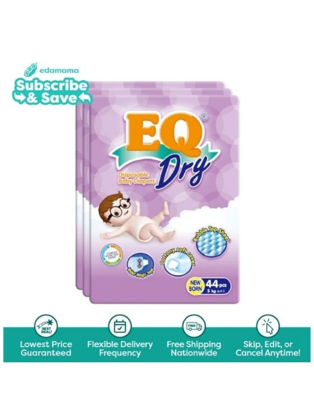 EQ Diapers and Wipes Dry Econo Pack Tape Diaper New Born (44 pcs x 3 pack) - Subscription (No Color- Image 1)