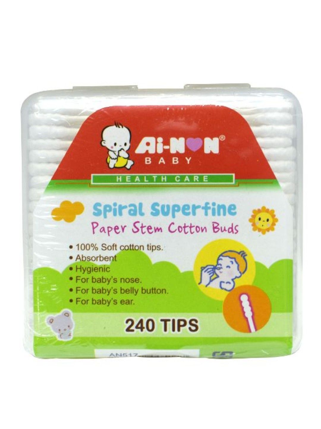 Ainon Baby Spiral Cotton Buds (240 Tips) - Anti-bacterial Paper Stem (No Color- Image 1)