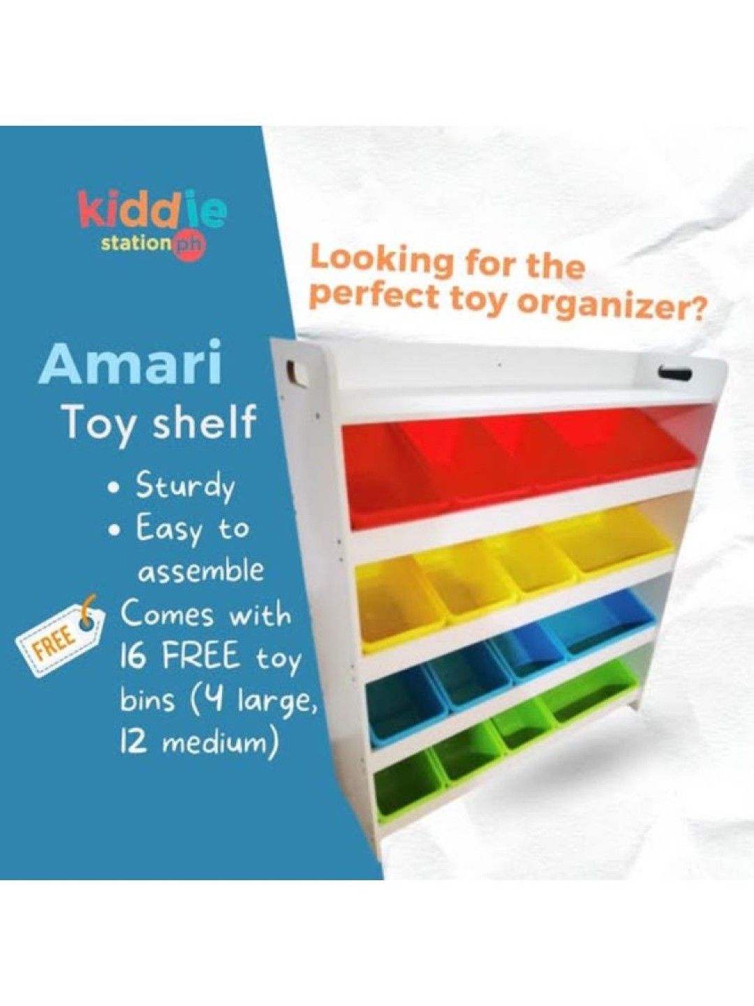 Kiddiestationph Amari Kids Toy Shelf with Bins (White- Image 2)