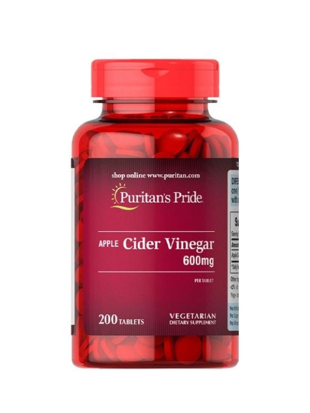 Puritan's Pride Apple Cider Vinegar 600 mg (200 tablets) (No Color- Image 1)