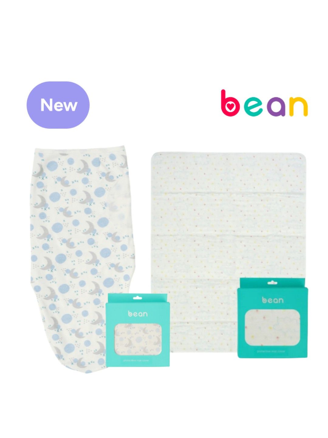 bean Ava Swaddle Velcro Wrap Moon + Ava Waterproof Baby Mat Cloud