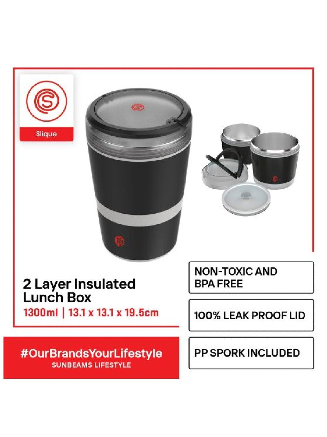 Sunbeams Lifestyle Slique 2-Layer Lunch Box (1300ml) (Black- Image 2)