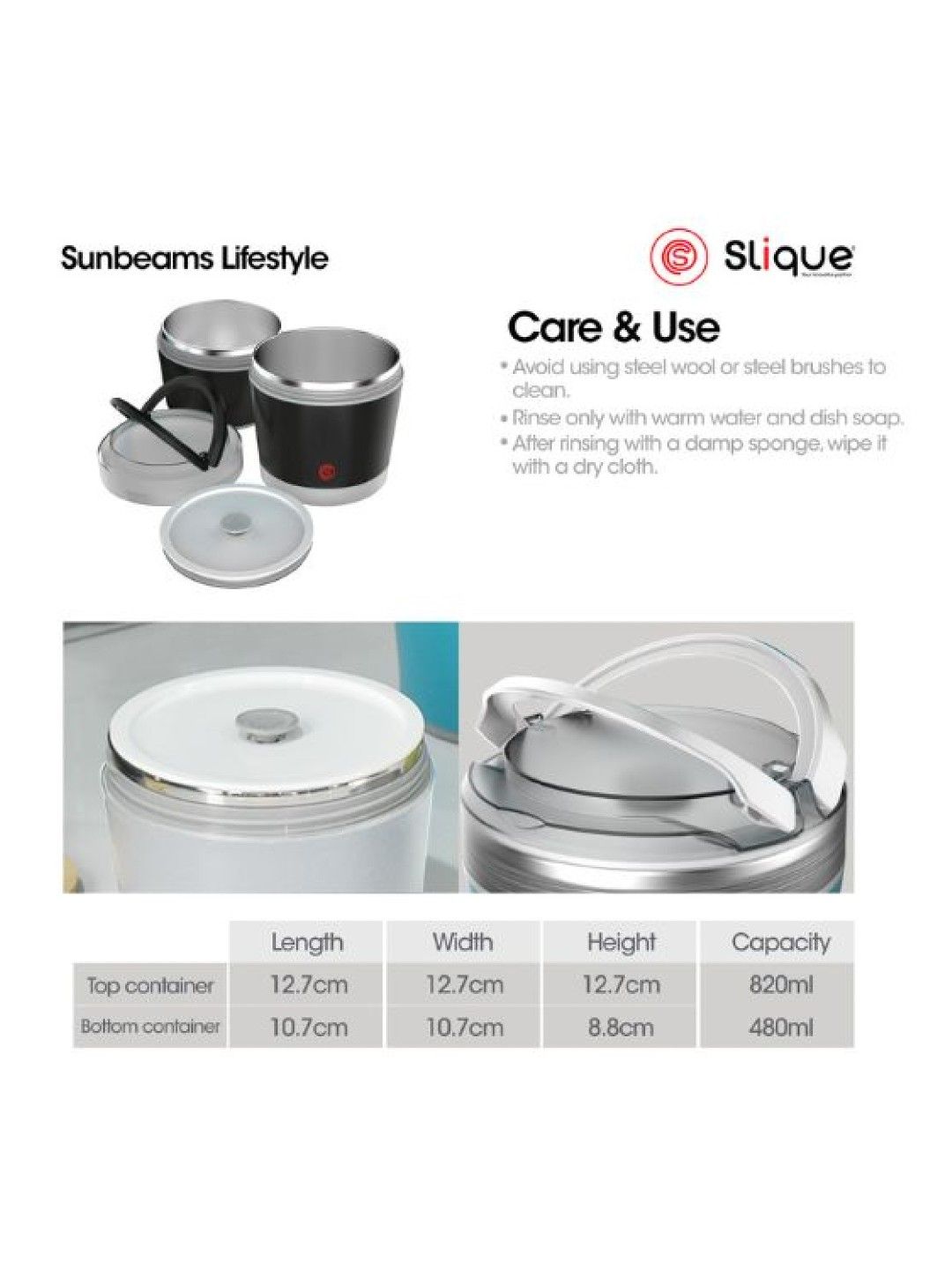 Sunbeams Lifestyle Slique 2-Layer Lunch Box (1300ml) (Black- Image 3)