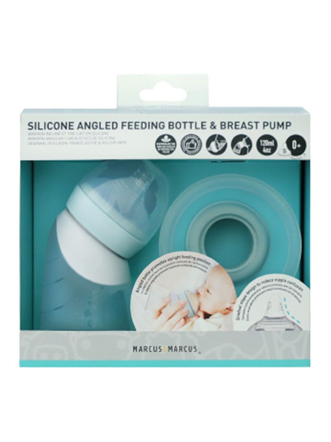 Marcus & Marcus Silicone Angled Feeding Bottle & Breast Pump (Blue- Image 2)