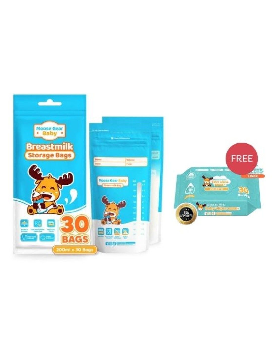 Moose Gear Baby BPA Free Breastmilk Storage Bags (30s x 2) + [FREE] Baby Wipes Unscented (30s) (No Color- Image 1)