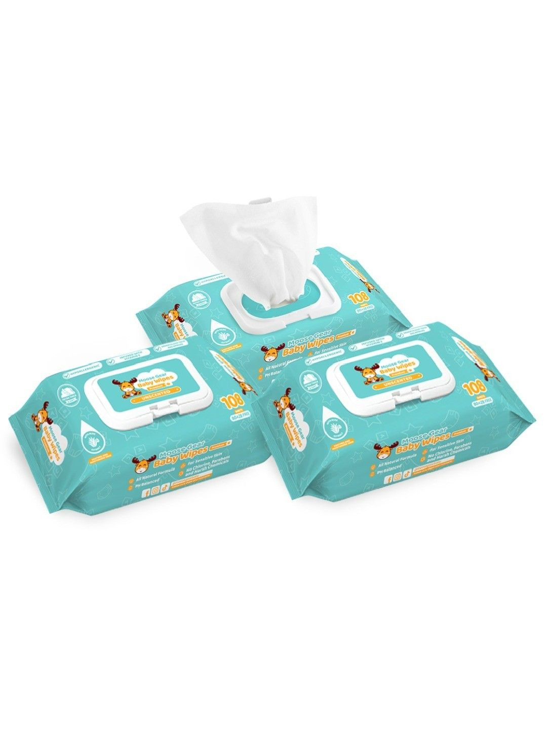 Moose Gear Baby Baby Wipes Unscented (108s x 3 Pack)