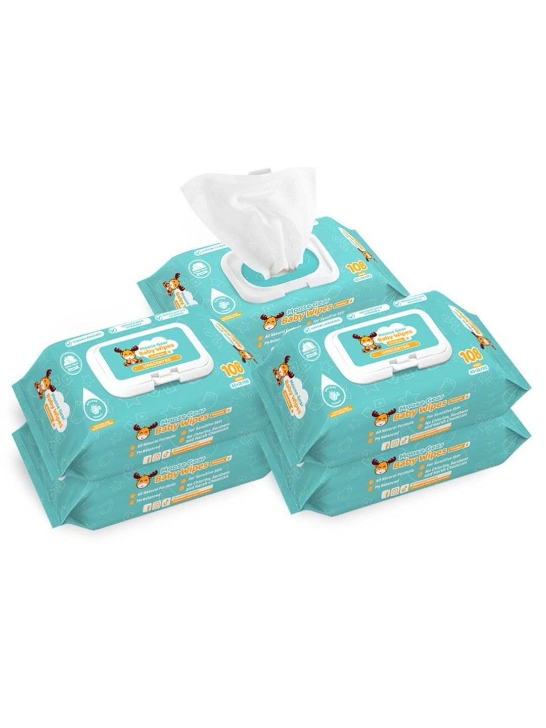 Moose Gear Baby Baby Wipes Unscented (108s x 6 Pack)