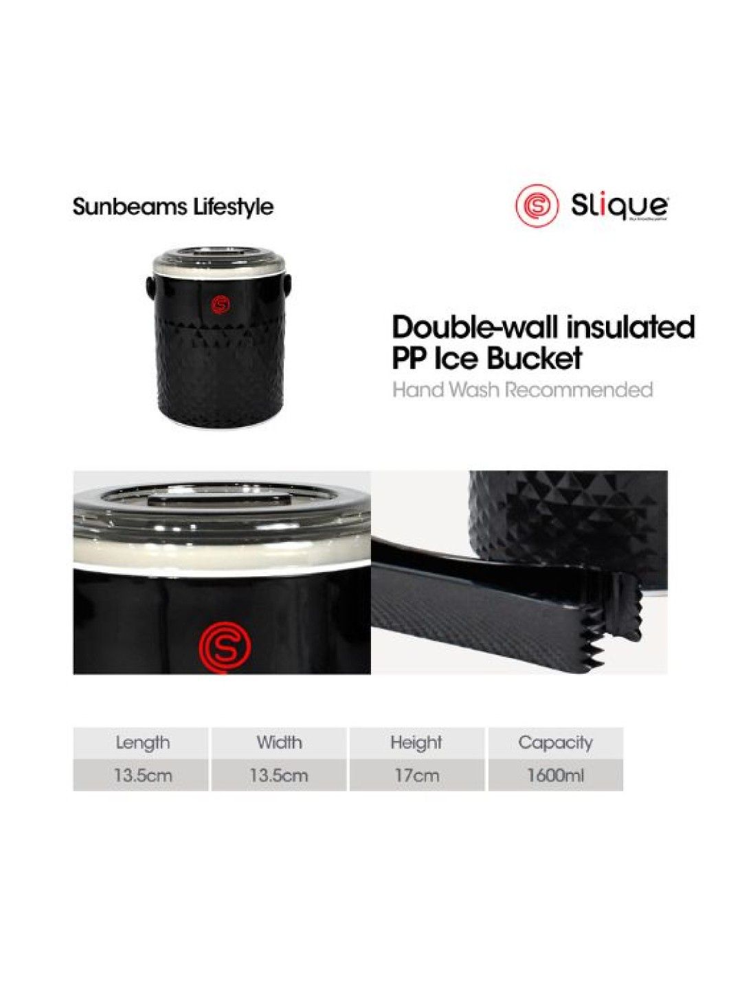 Sunbeams Lifestyle Slique Ice Bucket with Tong (1600ml) (Black- Image 2)