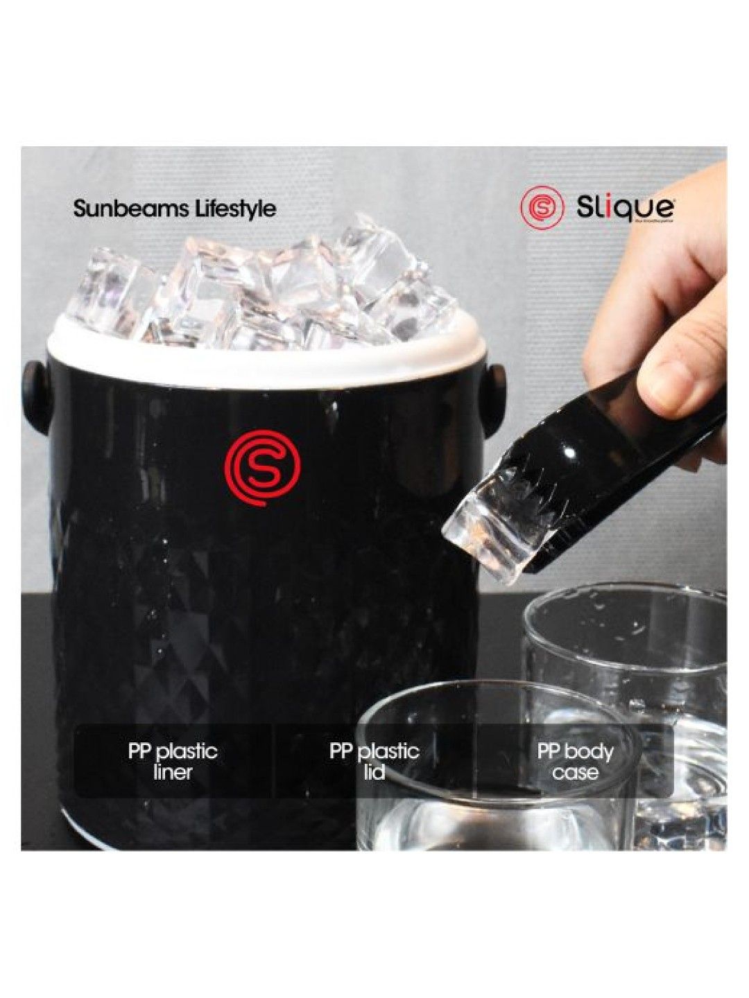 Sunbeams Lifestyle Slique Ice Bucket with Tong (1600ml) (Black- Image 3)