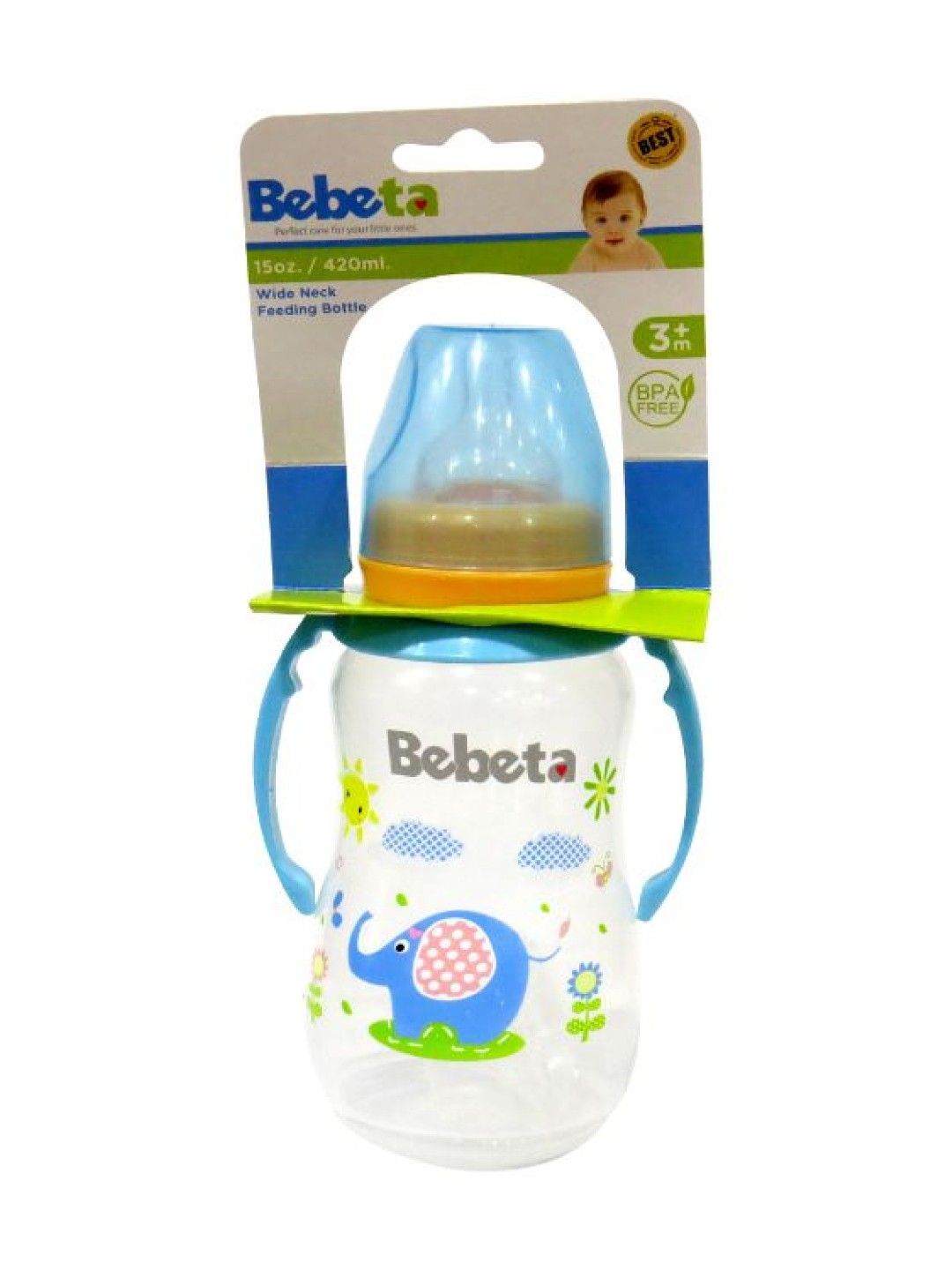 Bebeta Feeding Bottle with Character Hood/Handle/TPR Spout wide neck (15oz) (Blue- Image 4)