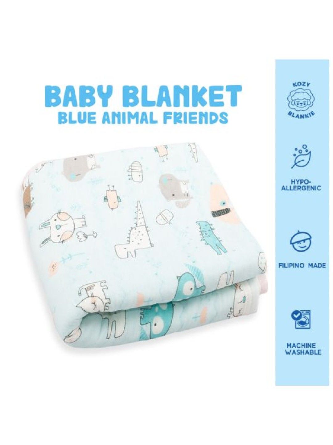 Kozy Blankie Large Reversible Quilt Blanket 100% Cotton - Blue Animal Friends (No Color- Image 2)