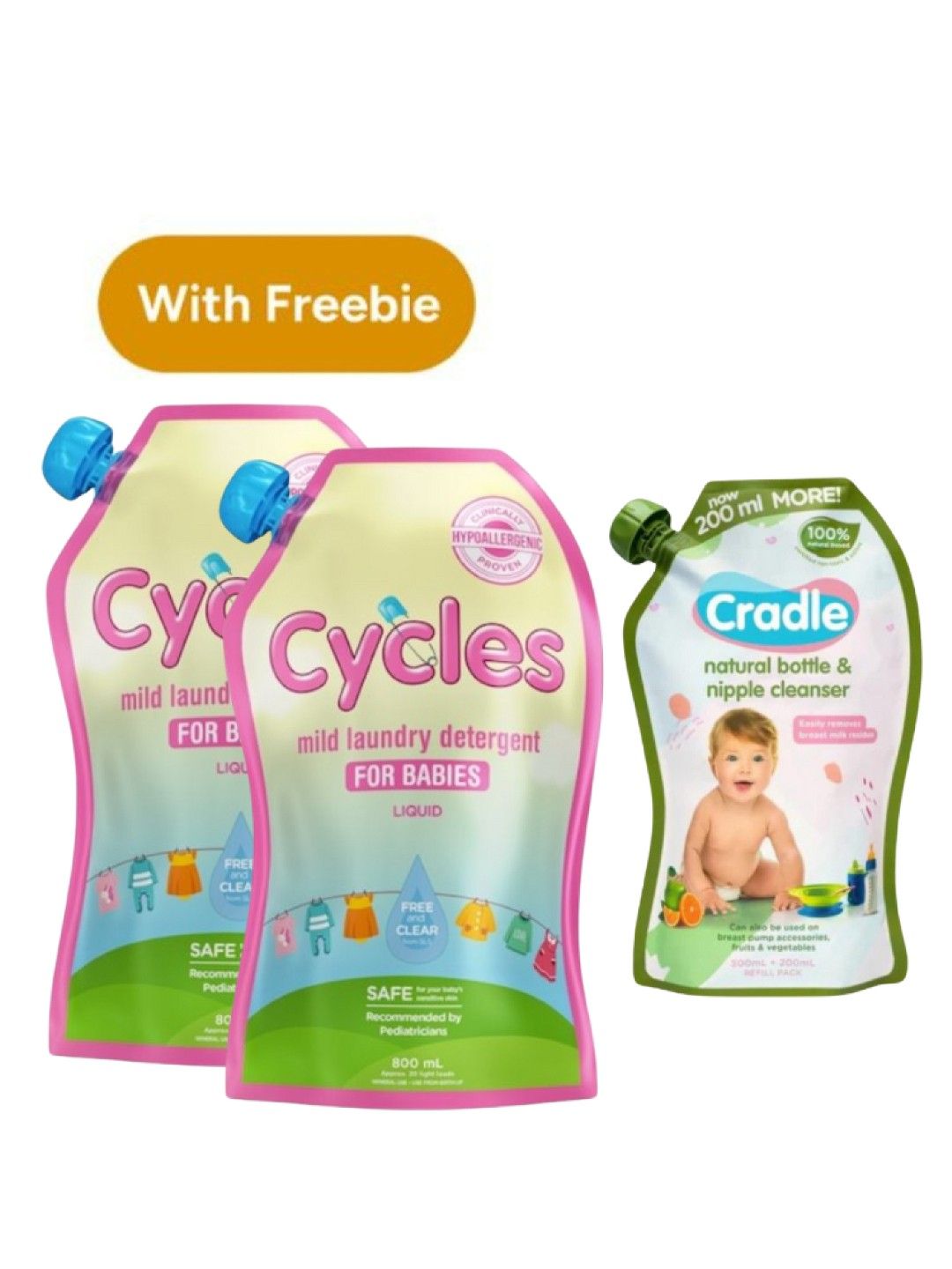 Cycles Mild Laundry Detergent Liquid Refill (800ml) x 2 with FREE Bottle Cleanser 700ml
