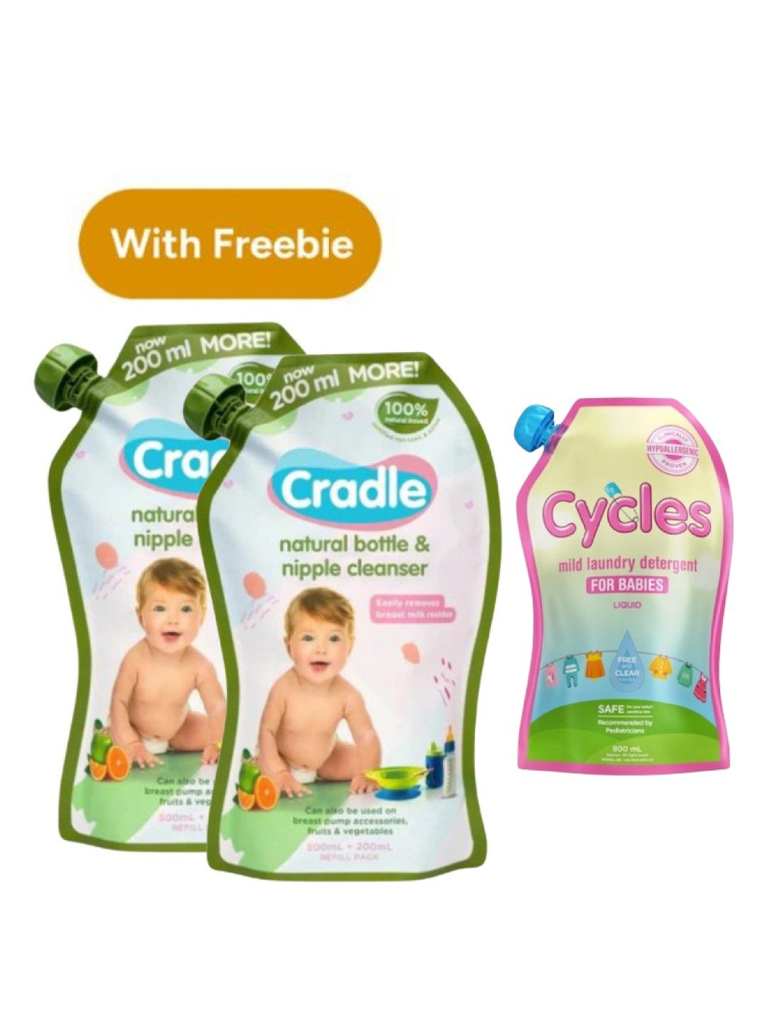 Cradle Bottle & Nipple Cleanser Refill (700ml) x 2 with FREE Laundry Detergent (800ml)