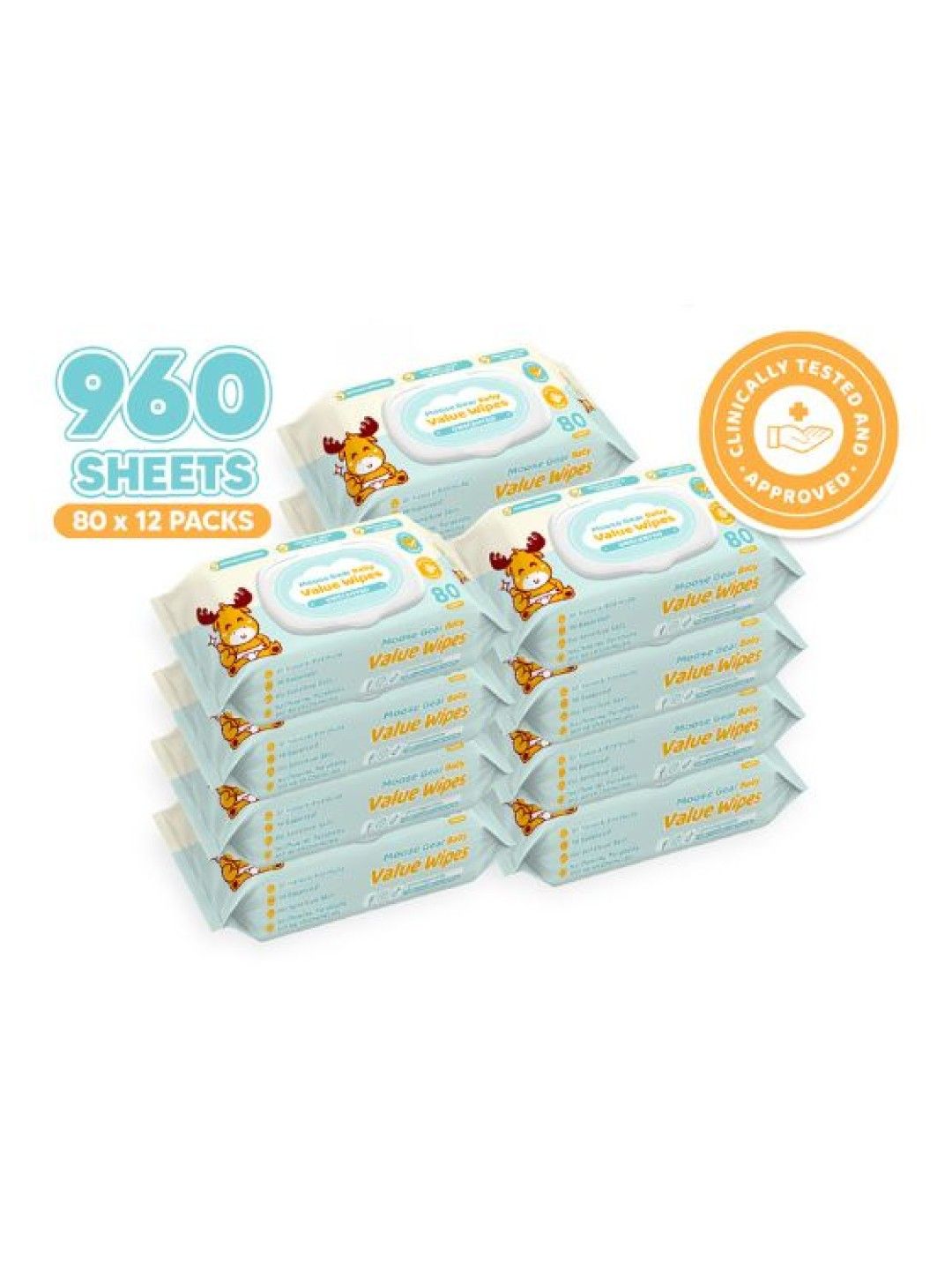 Moose Gear Baby Value Wipes (Unscented) 80 Tender Sheets x12 Pack New Lite Wet Wipes for Babies (No Color- Image 1)