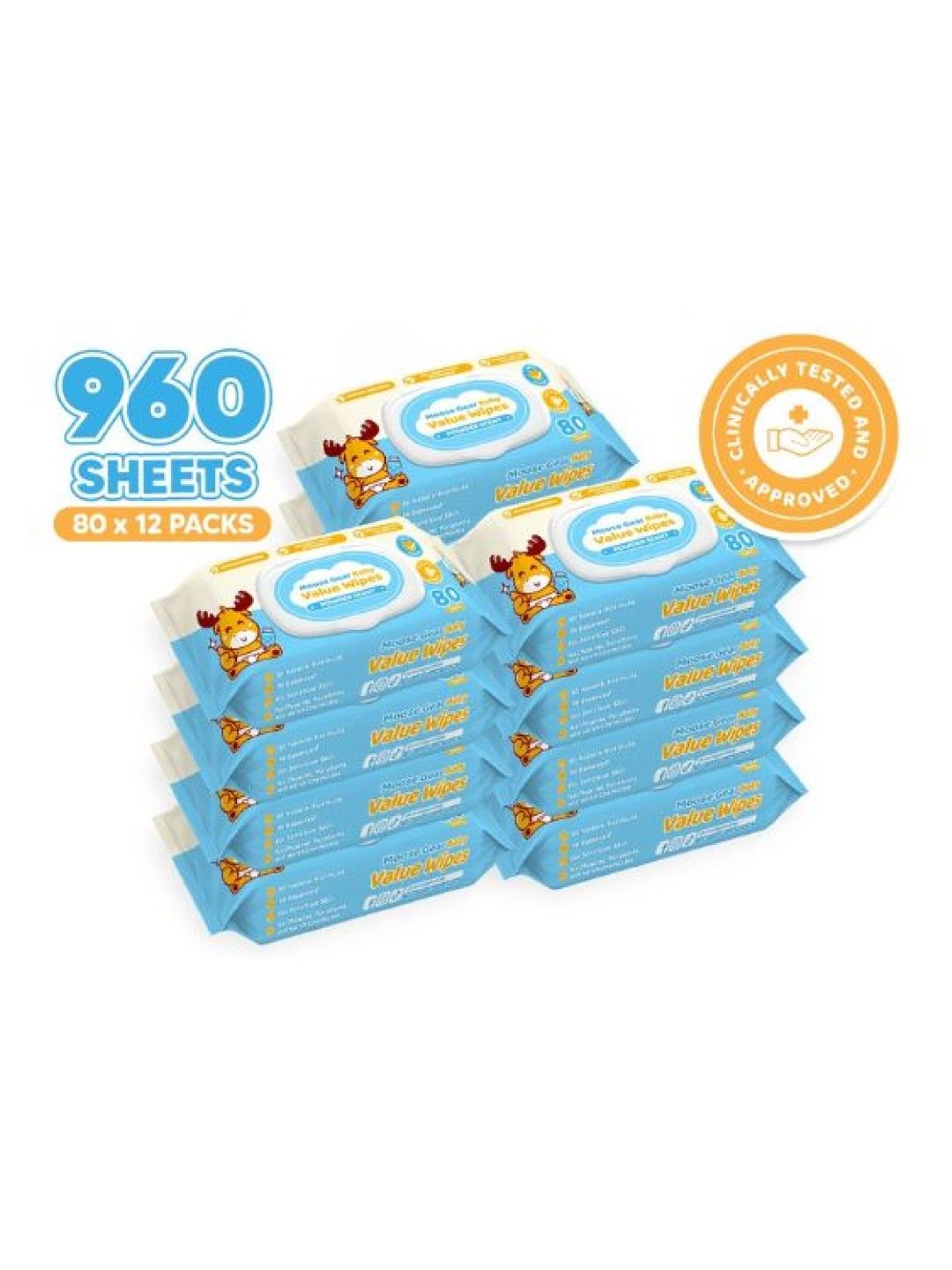 Moose Gear Baby Value Wipes (Powder Scent)80 Tender Sheets x12 Pack NewLite Wet Wipes for Babies (No Color- Image 1)
