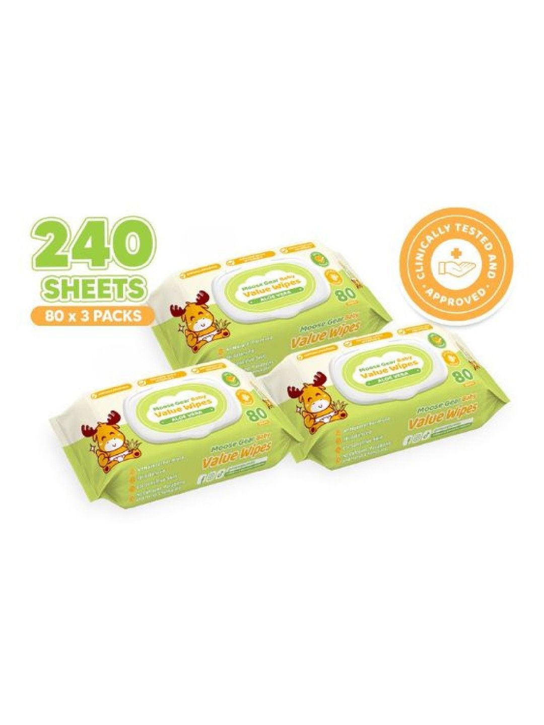 Moose Gear Baby Value Wipes (Aloe Vera Scent) 80 Tender Sheets x3 Pack New Lite Wet Wipes (No Color- Image 1)