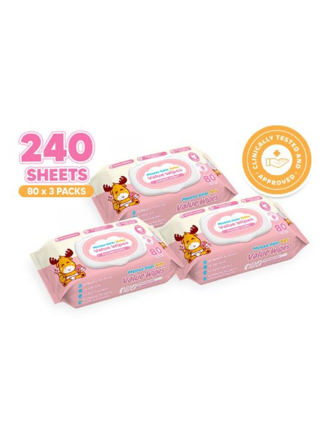 Moose Gear Baby Value Wipes (Flower Scent) 80 Tender Sheetsx3 Pack New Lite Wet Wipes for Babies (No Color- Image 1)