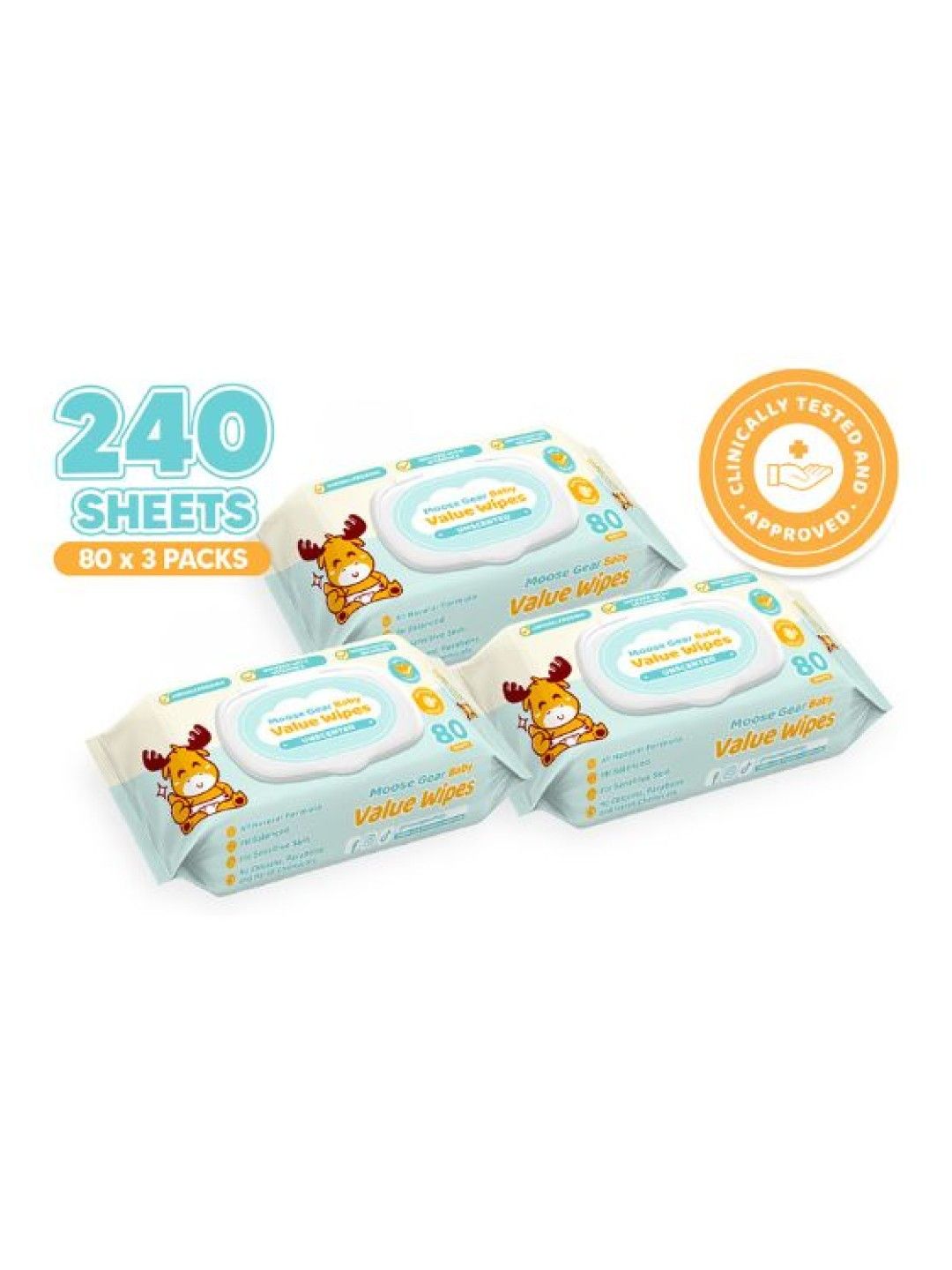 Moose Gear Baby Value Wipes (Unscented) 80 Tender Sheets x3 Pack New Lite Wet Wipes for Babies (No Color- Image 1)