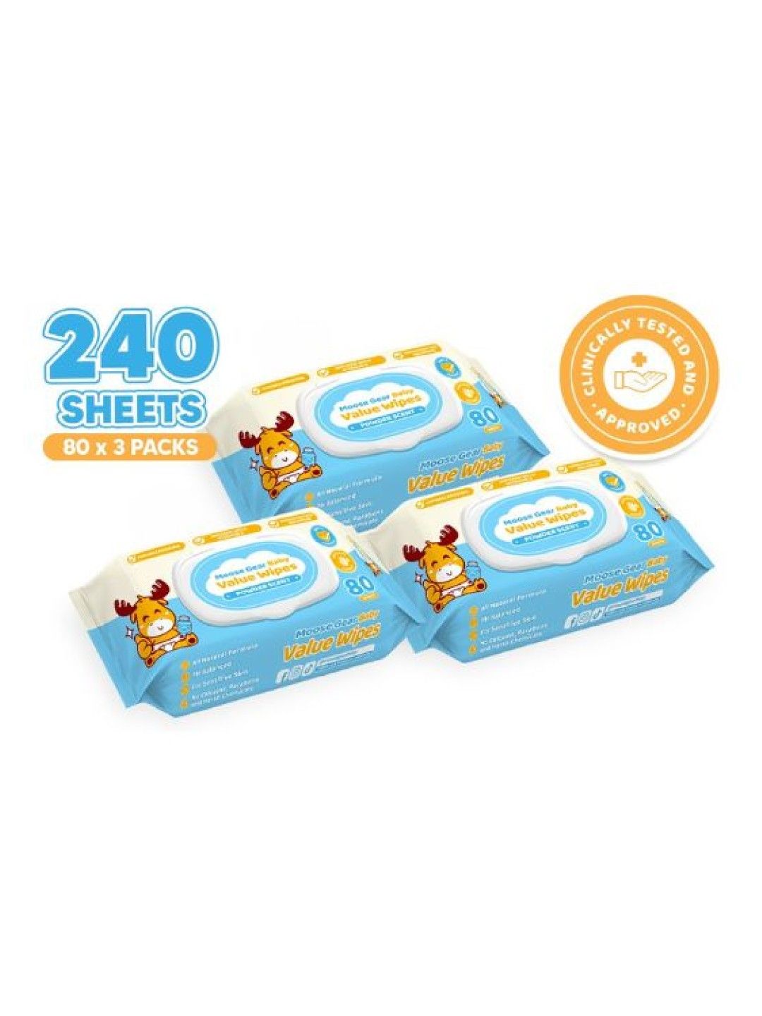 Moose Gear Baby Value Wipes (Powder Scent) 80 Tender Sheetsx3 Pack New Lite Wet Wipes for Babies (No Color- Image 1)