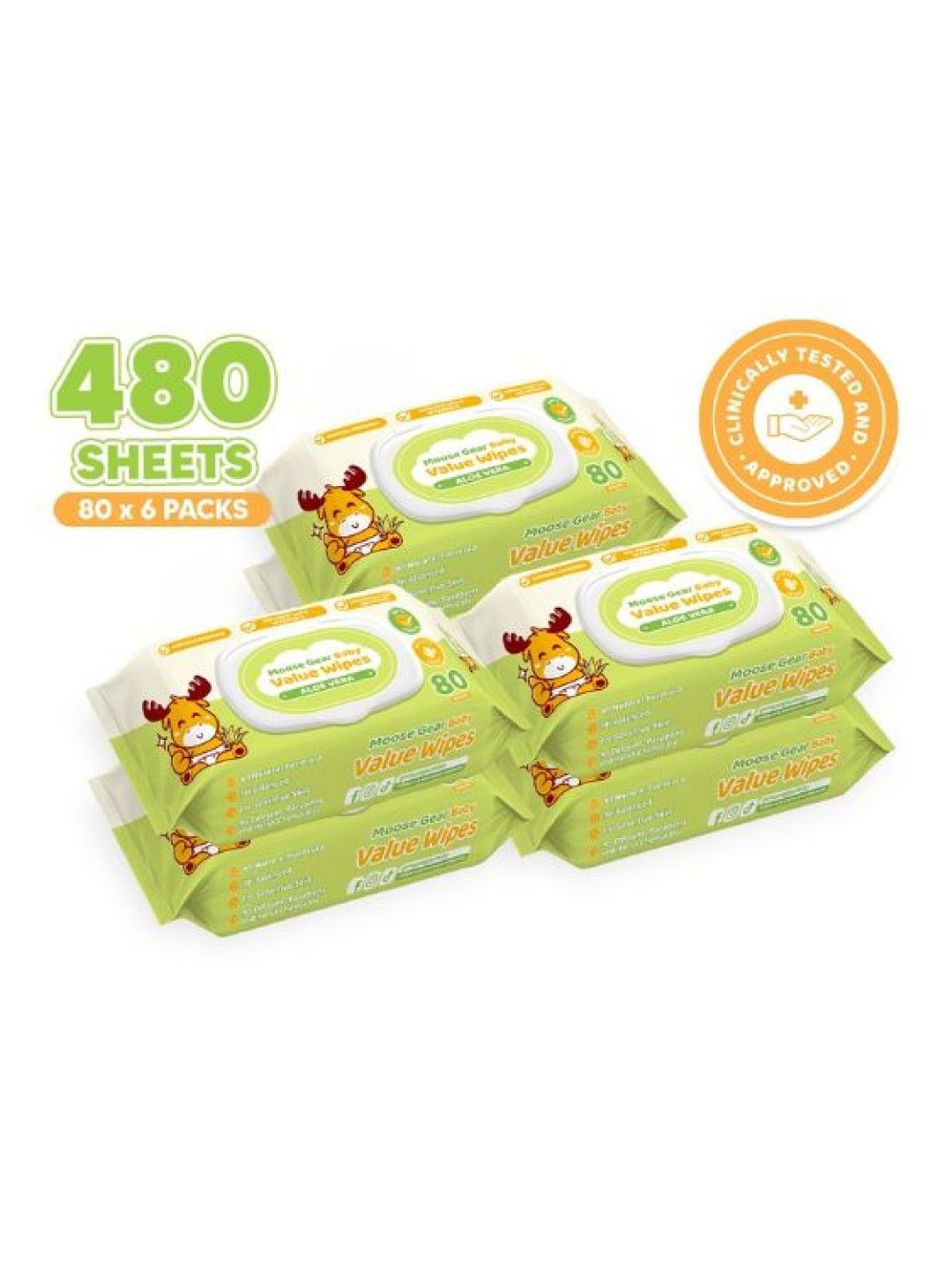 Moose Gear Baby Value Wipes (Aloe Vera Scent) 80 Tender Sheets x6 Pack New Lite Wet Wipes (No Color- Image 1)