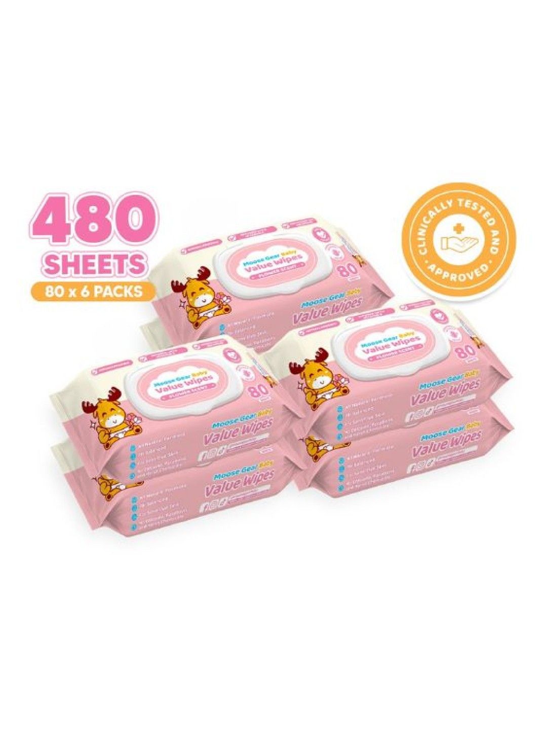 Moose Gear Baby Value Wipes (Flower Scent) 80 Tender Sheetsx6 Pack New Lite Wet Wipes for Babies (No Color- Image 1)