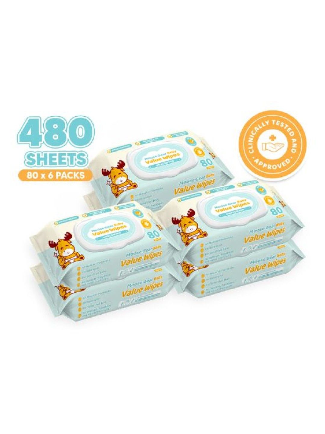 Moose Gear Baby Value Wipes (Unscented) 80 Tender Sheets x6 Pack New Lite Wet Wipes for Babies (No Color- Image 1)