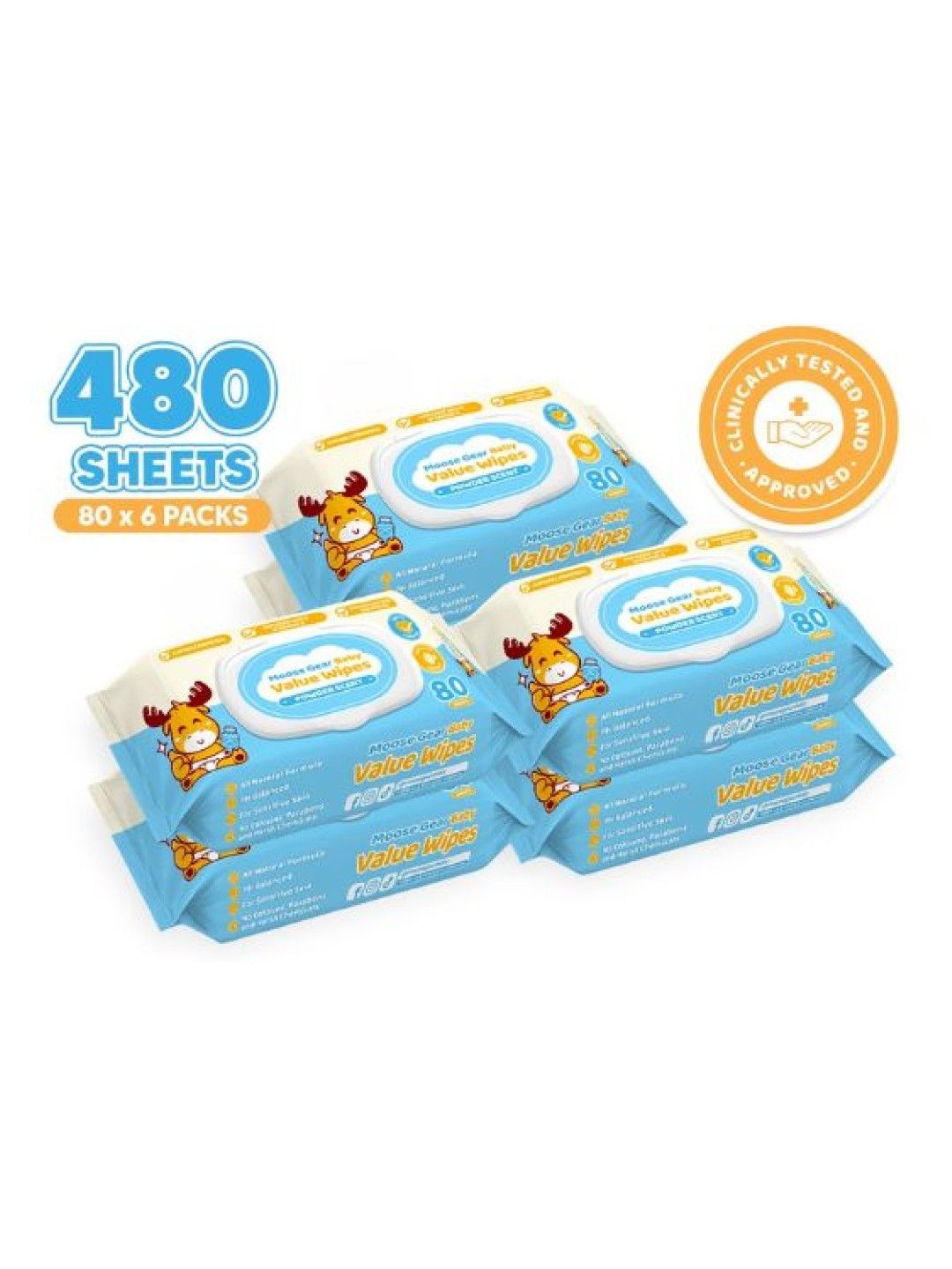 Moose Gear Baby Value Wipes (Powder Scent)80 Tender Sheets x6 Pack New Lite Wet Wipes for Babies (No Color- Image 1)