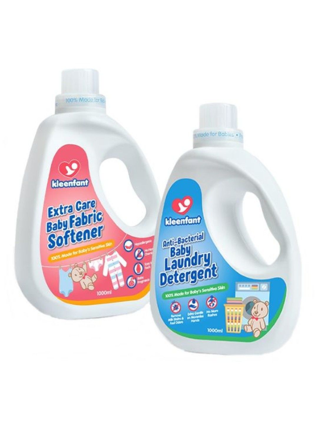 Kleenfant Antibacterial Baby Liquid Detergent (1L) + Extra Care Baby Fabric Softener (1L)