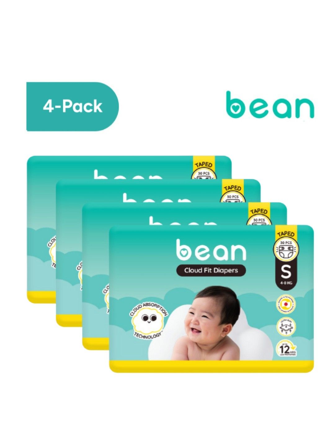 bean [Bundle of 4] Cloud Fit Diapers Small (30s) - 120 pcs (No Color- Image 1)