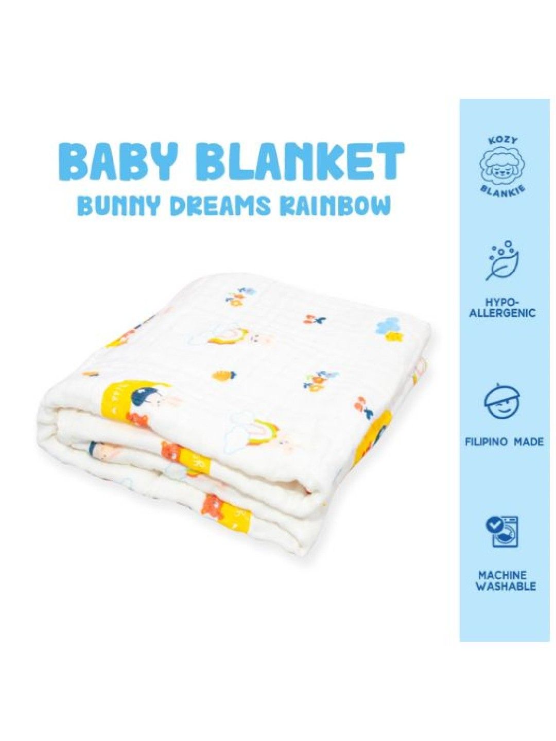 Kozy Blankie 100% Cotton Premium Multi-Purpose Muslin Cloth - Bunny Dreams Rainbow (No Color- Image 2)