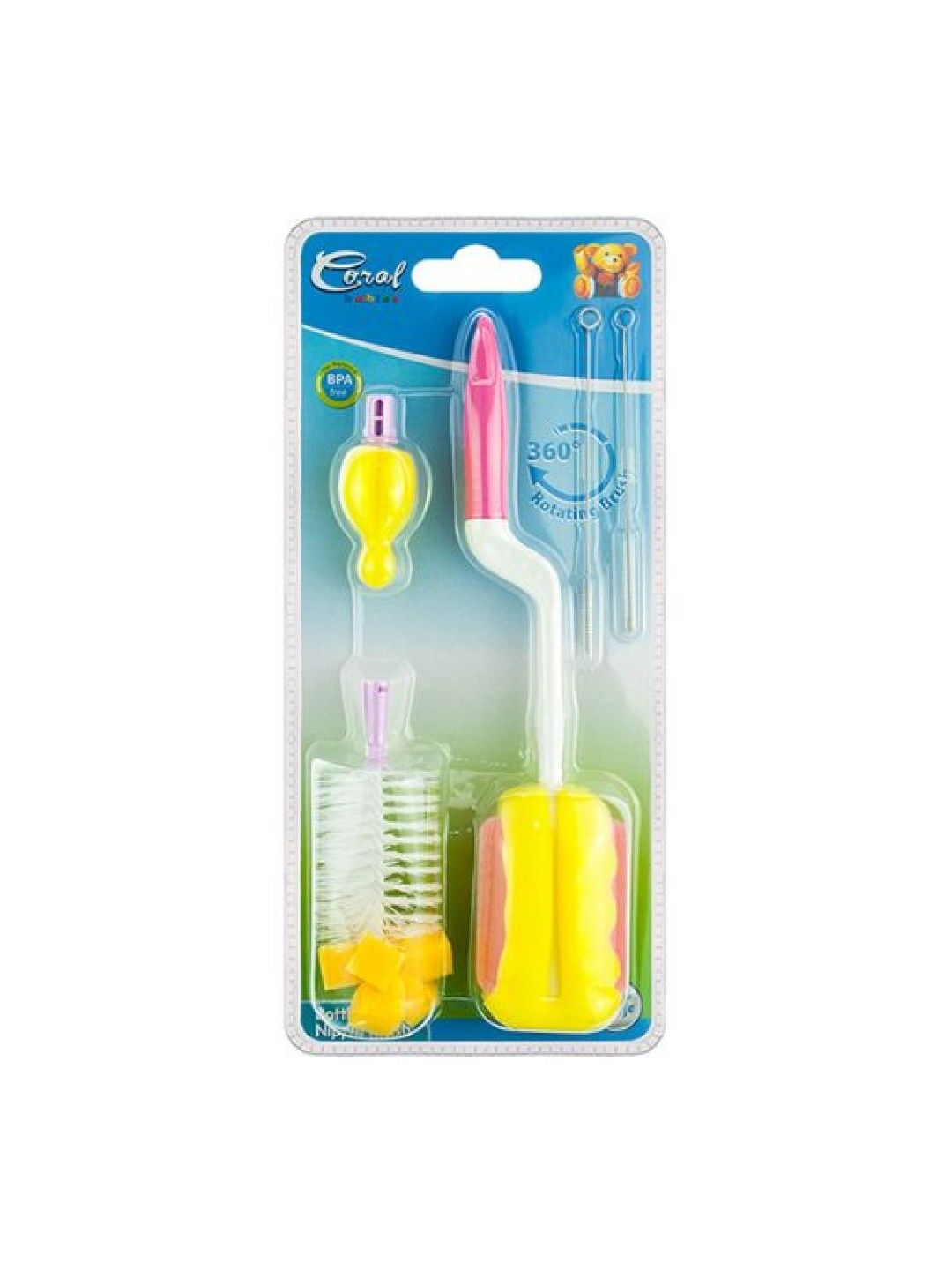 Coral Babies Revolving Bottle Brush with Extra Head, Straw Brush and Nipple Brush - Pink