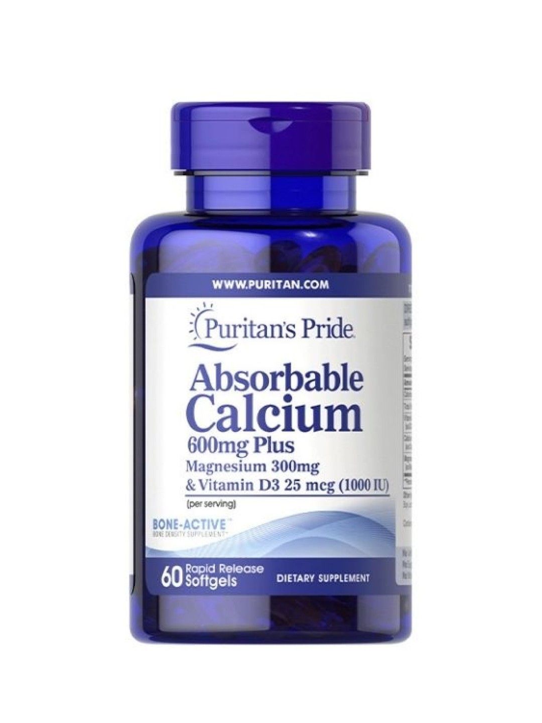 Puritan's Pride Calcium 600mg Magnesium 300mg Vitamin D3 1000iu (60 softgels) (No Color- Image 1)