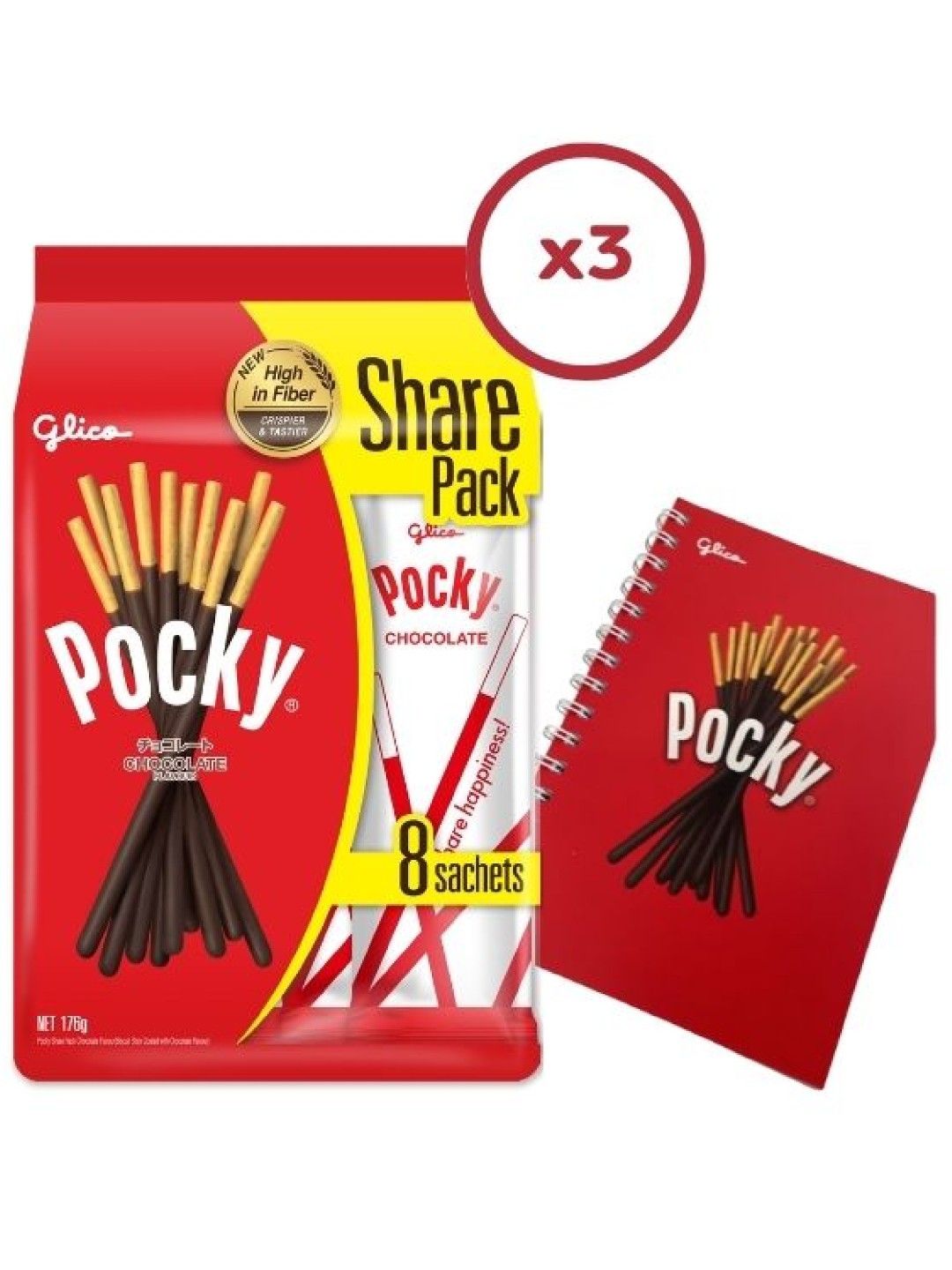 Pocky Chocolate Biscuit Sticks Share Pack (Bundle of 3) with FREE Glico Notebook (No Color- Image 1)