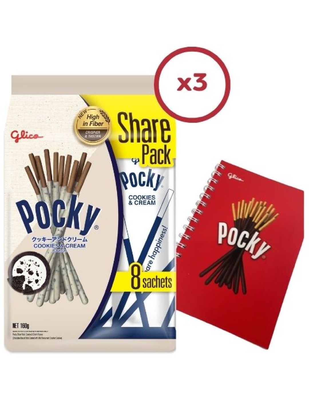 Pocky Cookies & Cream Biscuit Sticks Share Pack (Bundle of 3) with FREE Glico Notebook