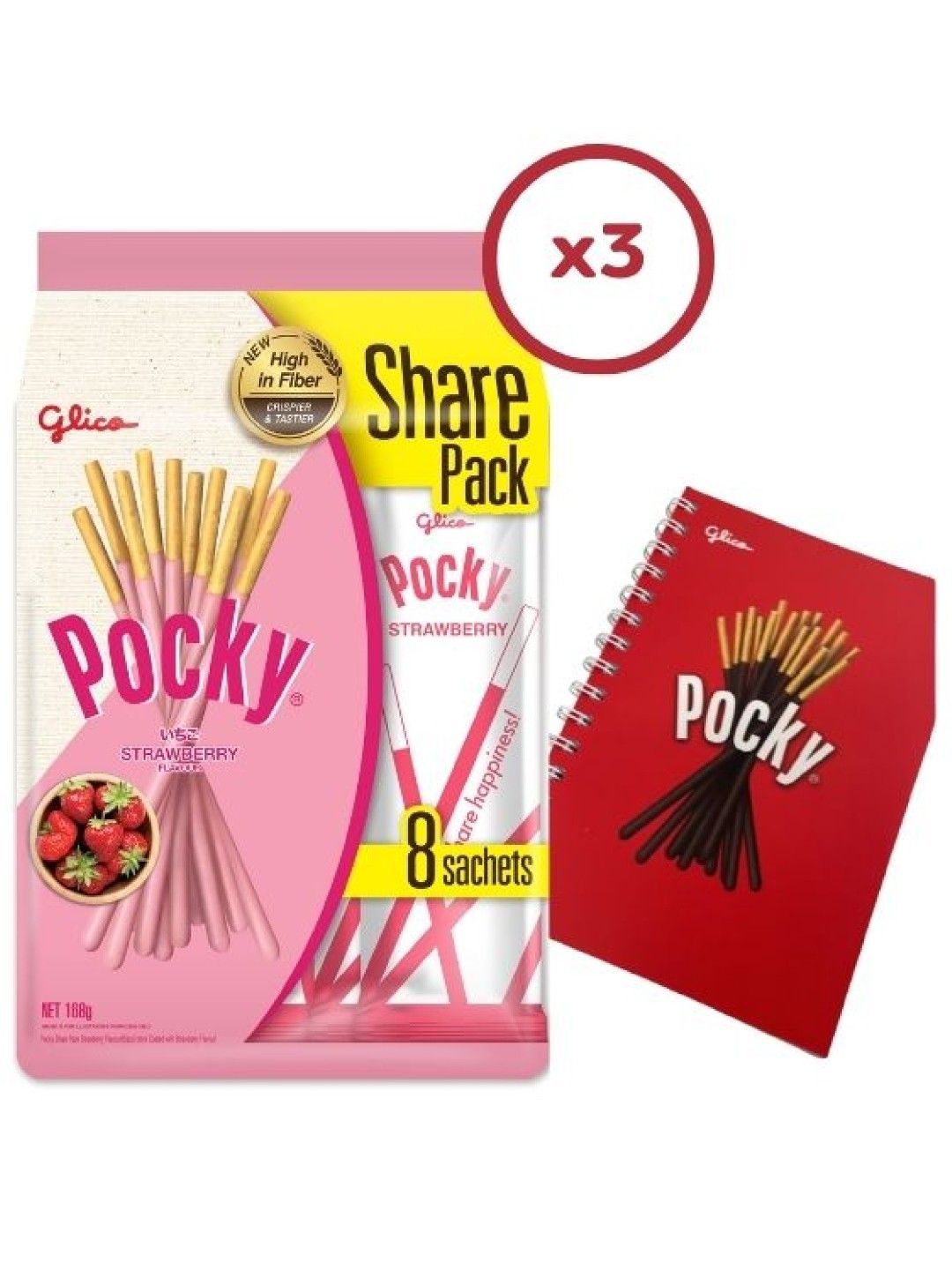 Pocky Strawberry Biscuit Sticks Share Pack (Bundle of 3) with FREE Glico Notebook (No Color- Image 1)
