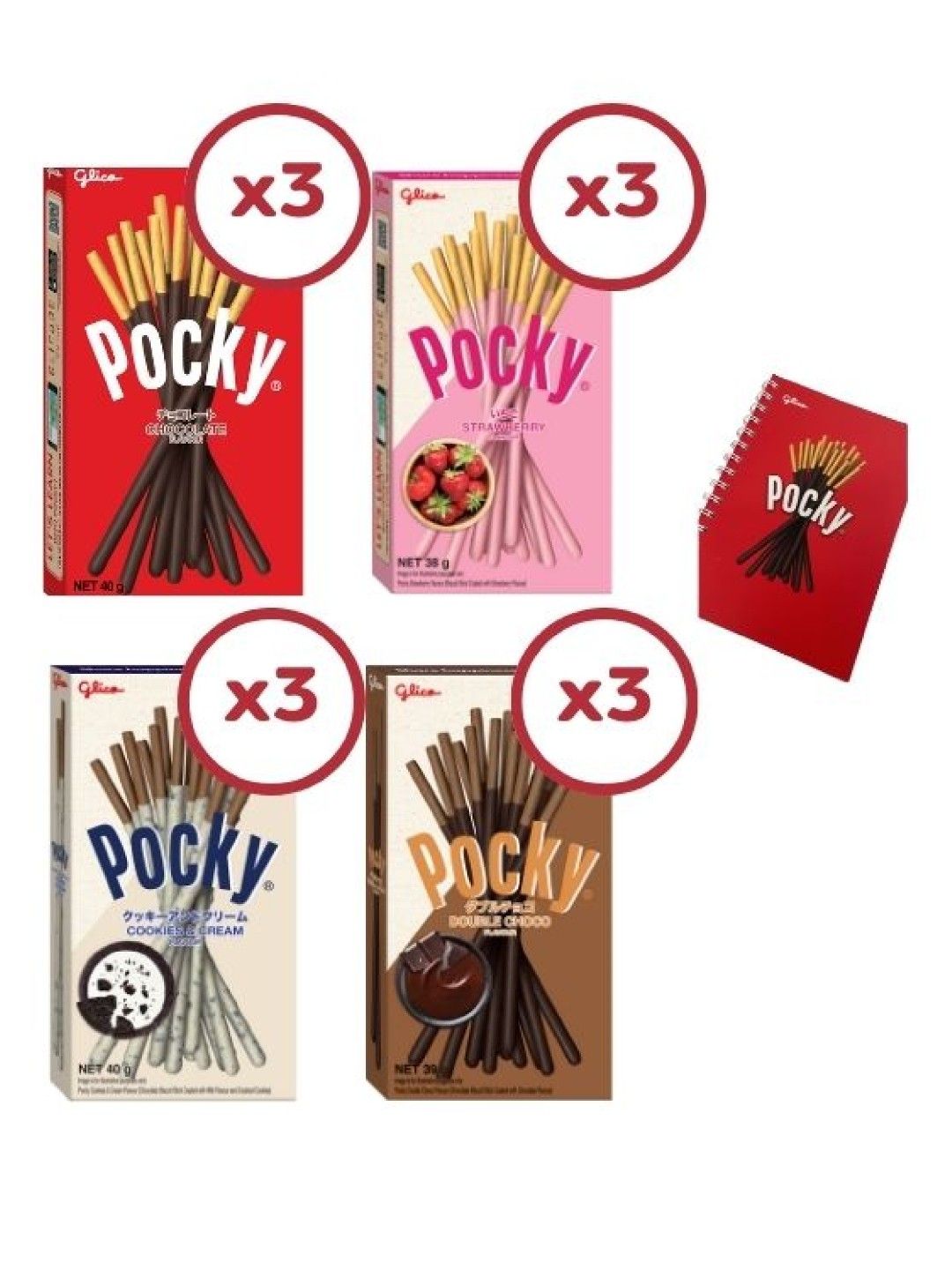 Pocky Happiness Pack Assorted (Bundle of 3) with FREE Glico Notebook