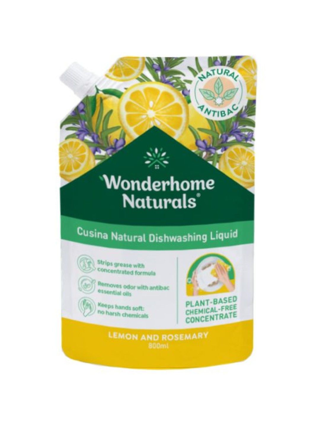 Wonderhome Naturals Cusina Natural Dishwashing Liquid Eco Pouch (800ml) (Lemon and Rosemary- Image 1)