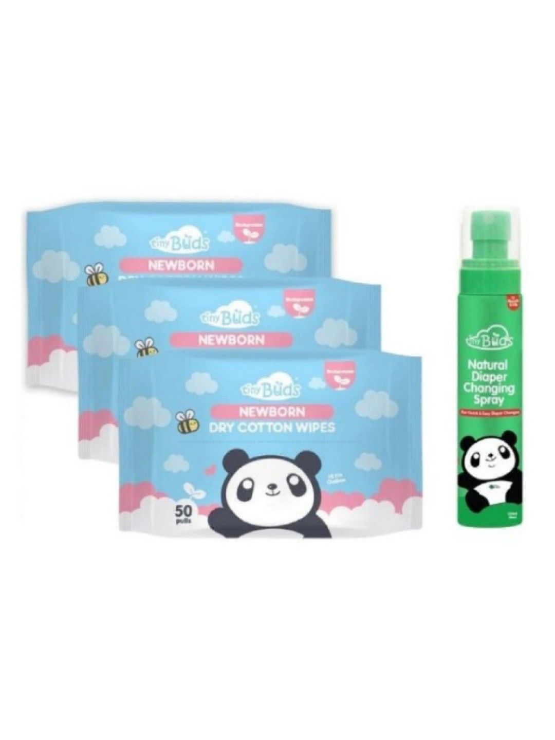 Tiny Buds Dry Cotton Wipes (50s) (3pack) + Diaper Changing Spray [Expiry: May 2025] (No Color- Image 1)
