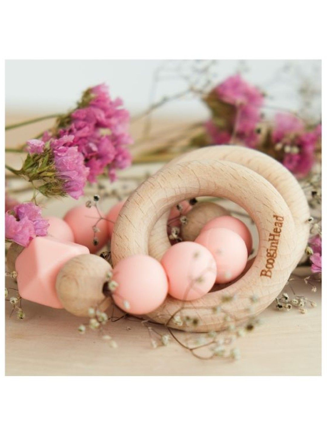 BooginHead Beaded Silicone & Wood Teether Rings (Dusty Rose- Image 4)