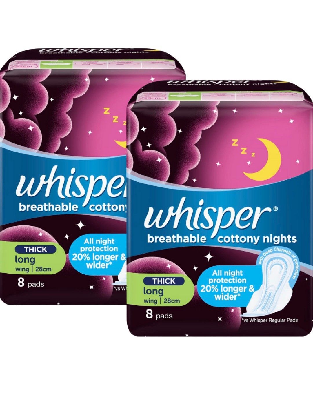 Whisper Cottony Clean Overnight Long Wings Sanitary Napkins 2-Pack (8pcs)