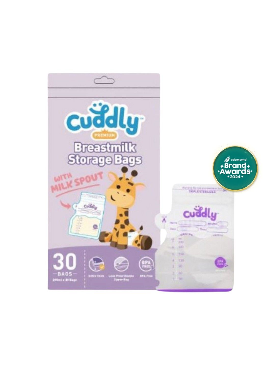 Cuddly Premium Extra-Thick Breastmilk Storage Bag with Spout 200ml (30 Bags) (No Color- Image 1)