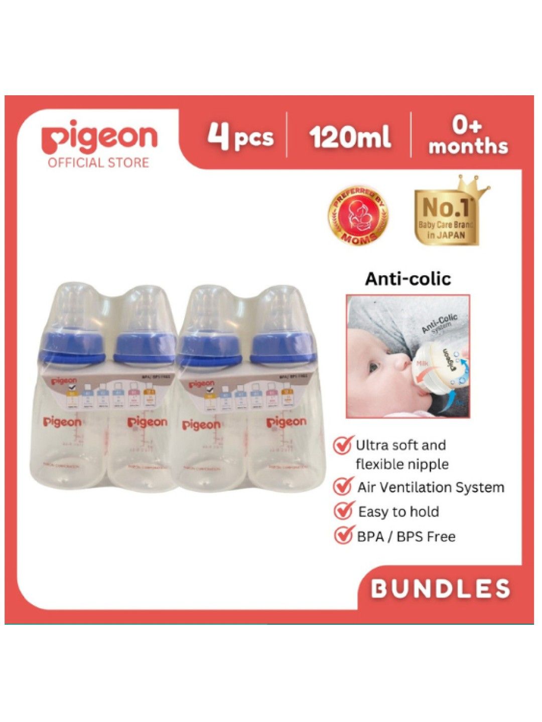 Pigeon RPP Blue Bottle Newborn 4-Pack 120ml (S) (No Color- Image 2)