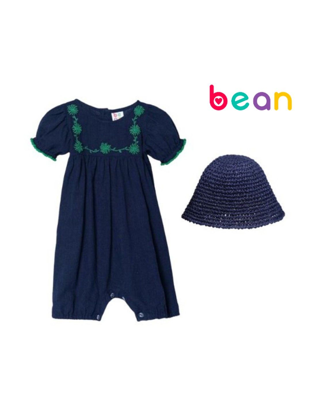 bean fashion Floral Flair Jasmine Pompom Puff Sleeve Embroided Romper with Hat (Navy- Image 1)