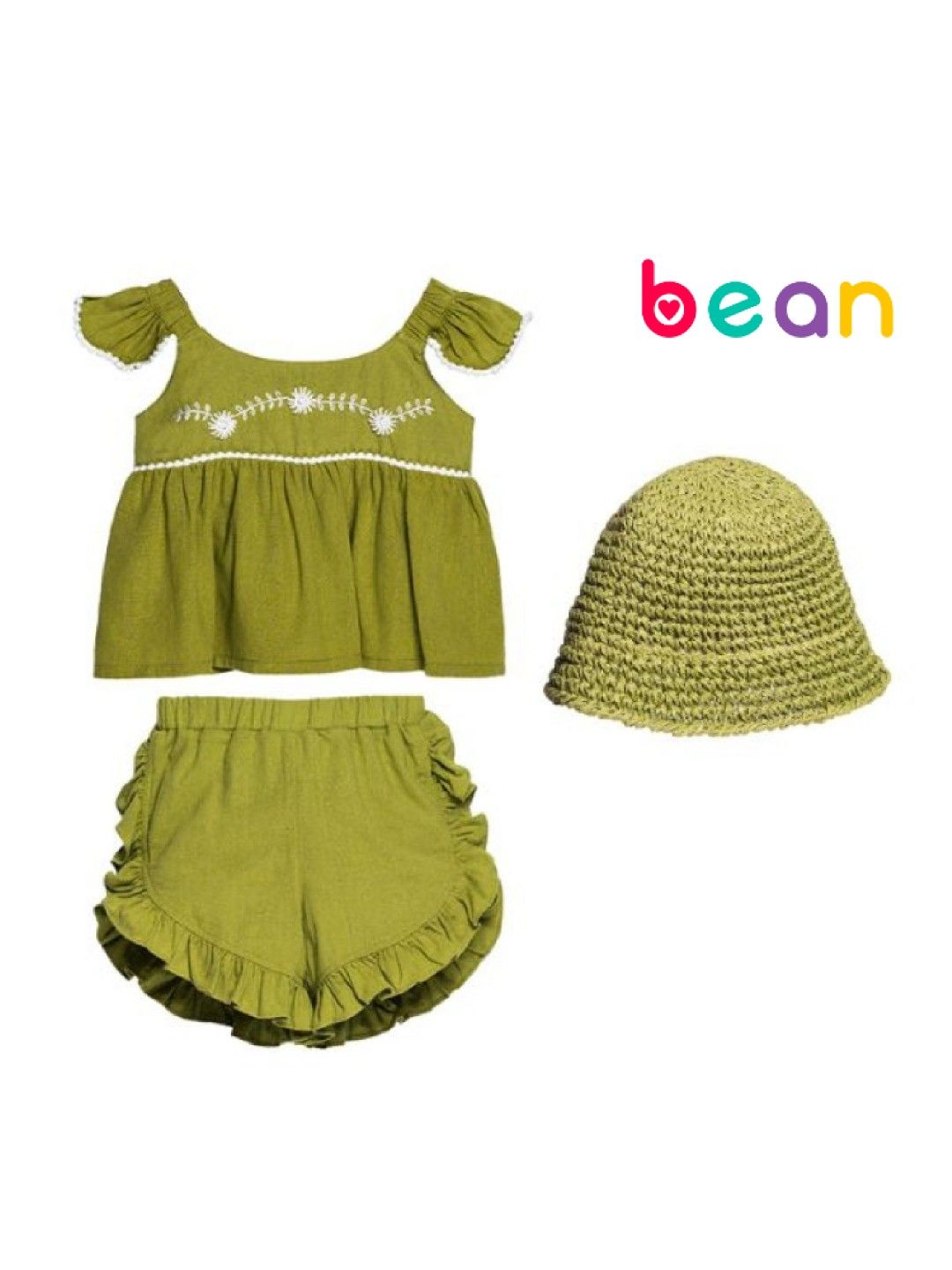 bean fashion Floral Flair Siar Ruffled Pompom Sleeve Top and Ruffled Shorts with Hat (Light Green- Image 1)