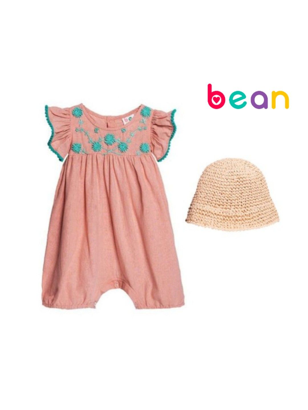 bean fashion Floral Flair Santan Ruffled Pompom Sleeve Embroided Romper with Hat (Pink- Image 1)